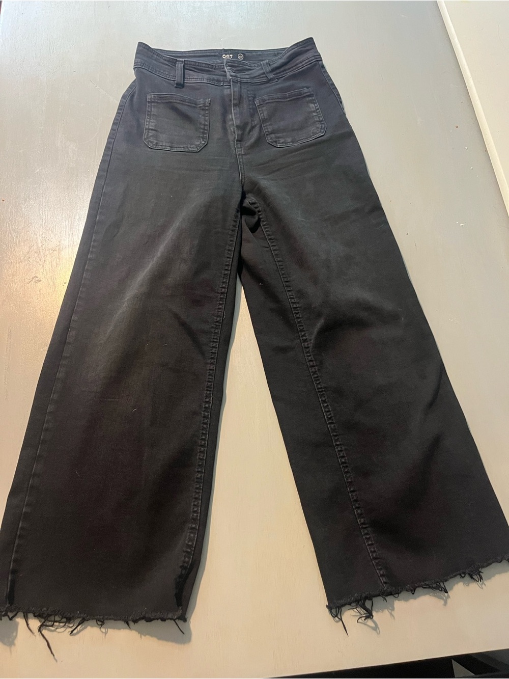 OAT New York High Rise Cotton Wide Leg Raw Hem Jeans Black Patch Pockets 4/27